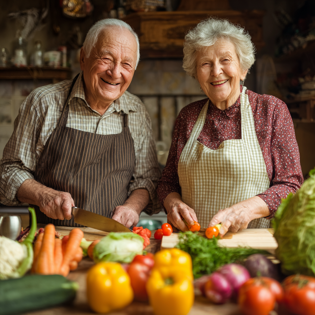Smiling middle-aged Ukrainian couple preparing healthy meal together in bright modern kitchen, chopping fresh vegetables and fruits for nutritious balanced dinner planning