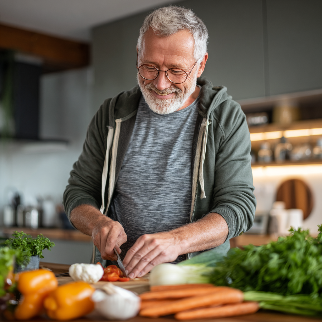 Peaceful Ukrainian elderly woman sleeping comfortably in bright bedroom with healthy evening snack on nightstand, showcasing connection between proper nutrition and quality rest for muscle recovery
