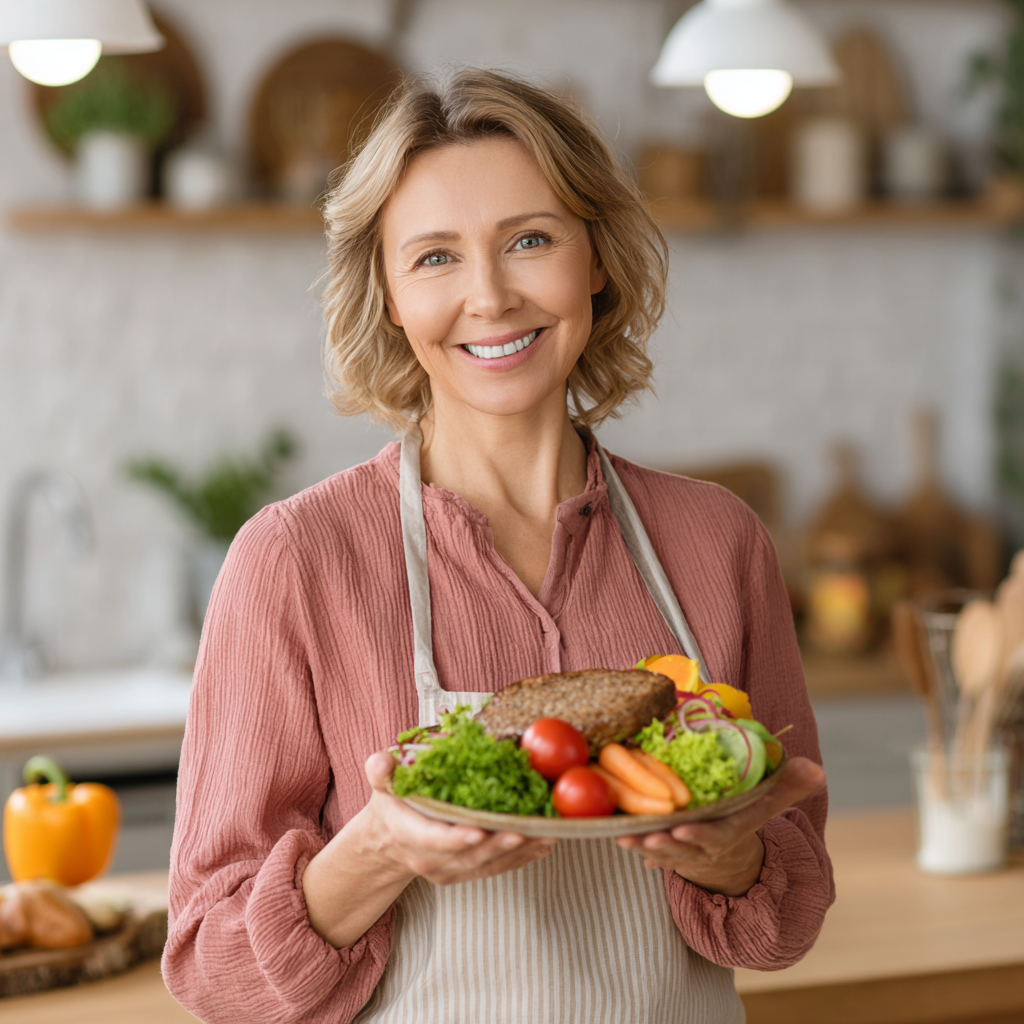 Active Ukrainian senior man preparing colorful nutritious meal in kitchen, arranging fresh vegetables and lean proteins for balanced diet supporting muscle strength and overall wellness
